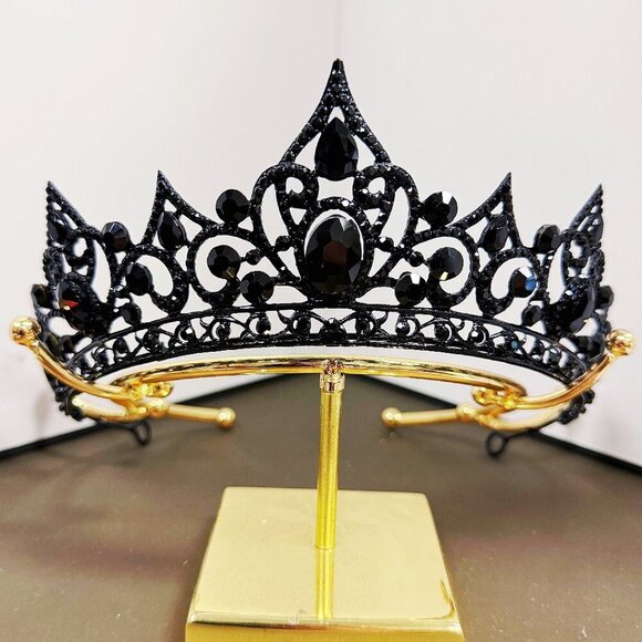 Black Crystal Tiara, Black Crown, Princess Tiara, Goth Black Diamond Headband - Picture 5 of 7
